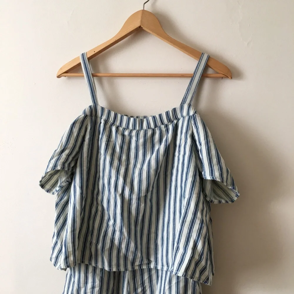 Madewell Blue & White Striped Cold Shoulder Cropped Jumpsuit